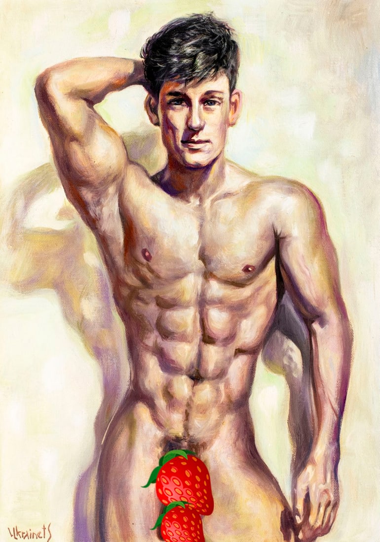 Valentin Ukrainets (Ukraine,b 1965) oil painting: ARTIST: Valentin Ukrainets (Ukrainian, born 1965) TITLE: Male Nude - Look of Love (titled on verso) MEDIUM: oil on canvas CONDITION: Unstretched (In-House stretching availab