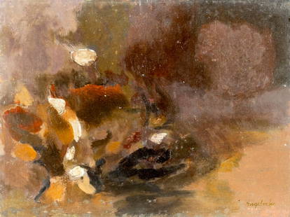 Robert Angeloch (NY,1922-2011) oil painting: ARTIST: Robert Henry Angeloch (New York, 1922 - 2011) TITLE: Thicket (titled on verso) MEDIUM: oil on board CONDITION: Few minor paint losses. Some scattered minor inpaint