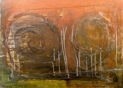 Pios Rodaman (FL,Brazil,b 1953) mixed media painting: ARTIST: Pios Rodaman (Florida, Brazilian, born 1953) TITLE: Abstract Composition YEAR: 1997 MEDIUM: mixed media on canvas. Canvas applied to board. CONDITION: