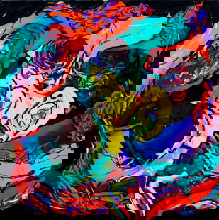 Petronella Greer (TX,b 1945) acrylic painting: ARTIST: Petronella Greer (Texas, born 1945) TITLE: Watching over You (titled on stretcher) MEDIUM: acrylic on canvas CONDITION: Very good. No visible inpaint under UV light.