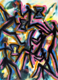 Evelyn Metzger (NY,Brazil,1911-2007) oil painting: ARTIST: Evelyn Borchard Metzger (New York, Brazilian, 1911 - 2007) TITLE: Abstract Composition with Figures YEAR: 1989 MEDIUM: oil on board CONDITION: Mi