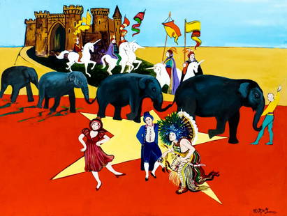 Christine McGinnis (PA,1937-2019) oil painting: ARTIST: Christine McGinnis (Pennsylvania, 1937 - 2019) TITLE: Circus Troupe with Elephants MEDIUM: oil on canvas CONDITION: Very good. No visible inpaint under UV light.