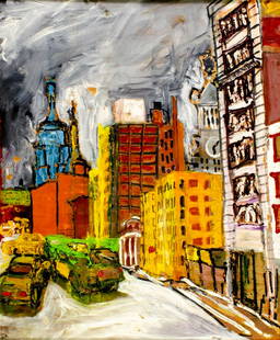 Vintage mid 20C American mixed media painting signed: ARTIST: - (American, mid 20 century) TITLE: Cityscape MEDIUM: oil and watercolor on board CONDITION: Some flaking/paint losses (see pictures carefully). Few scratches. No