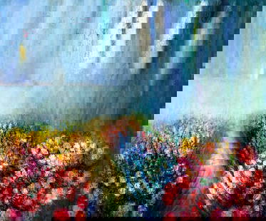 Yolanda Razzeto (Peru,1948-?) oil painting: ARTIST: Yolanda Razzeto (Peruvian,1948 - ???) TITLE: Coastal Flower Field Landscape MEDIUM: oil on canvas CONDITION: Unstretched (In-House stretching available). Few small