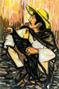 Evelyn Metzger (NY,Brazil,1911-2007) acrylic painting: ARTIST: Evelyn Borchard Metzger (New York, Brazilian, 1911 - 2007) TITLE: Man with Bird YEAR: 1967 MEDIUM: acrylic on board CONDITION: Some damages to