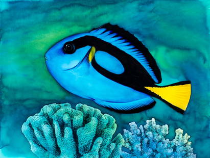 Chris Calle (US,b 1961) watercolor painting: ARTIST: Chris Calle (American, born 1961) TITLE: Native Fish Palette - Surgeonfish (titled on verso) YEAR: 1994 MEDIUM: watercolor on board CONDITION: Ve