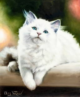 Oleg Yurtaev (Russia,b 1981) oil painting: ARTIST: Oleg Yurtaev (Russian, born 1981) TITLE: Cat - White Wonder (titled on verso) MEDIUM: oil on canvas CONDITION: Unstretched (In-House stretching available). Very good