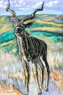 Evelyn Metzger (NY,Brazil,1911-2007) oil painting: ARTIST: Evelyn Borchard Metzger (New York, Brazilian, 1911 - 2007) TITLE: Kudu Bull (titled on verso) YEAR: 1995 MEDIUM: oil on board CONDITION: Overal