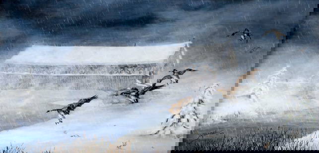Glen Fortune Banse (NJ,1948-2018) oil painting: ARTIST: Glen Fortune Banse (New Jersey, 1948 - 2018) TITLE: Ducks - Grounded (titled on verso) YEAR: 1983 MEDIUM: oil on board CONDITION: Very good. No