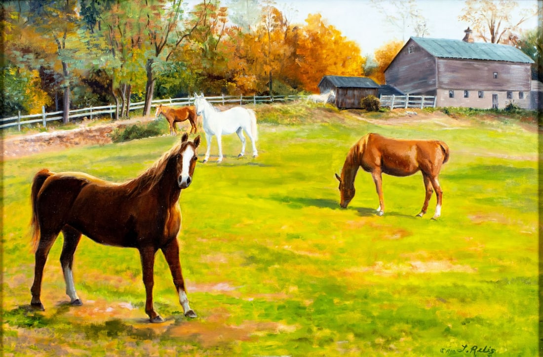 Linda Relis (NY,FL,20/21C) oil painting: ARTIST: Linda Relis (New York, Florida, 20/21 centuries) TITLE: Grazing Horses YEAR: 1990 MEDIUM: oil on canvas CONDITION: One scratch by the lower edge.