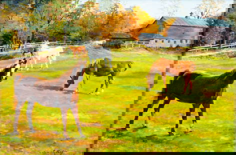 Linda Relis (NY,FL,20/21C) oil painting: ARTIST: Linda Relis (New York, Florida, 20/21 centuries) TITLE: Grazing Horses YEAR: 1990 MEDIUM: oil on canvas CONDITION: One scratch by the lower edge.