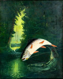 William J Gurry (US,19/20C) oil painting: ARTIST: William J Gurry (American, 19/20 centuries) TITLE: Jumping Steelhead Trout Fish MEDIUM: oil on canvas CONDITION: Some small paint losses mostly along the right edge
