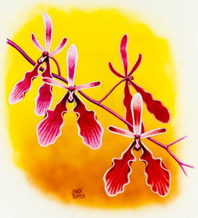 Chuck Ripper (WV,PA,1929-2019) gouache painting: ARTIST: Chuck Ripper (West Virginia, Pennsylvania, 1929 - 2019) TITLE: Renanthera Imschootiana - Fire Orchid (titled on verso) YEAR: 2005 MEDIUM: gouache on board
