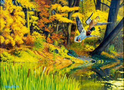 Taylor Oughton (PA,1925-2018) oil painting: ARTIST: William Taylor Oughton (Pennsylvania, 1925 - 2018) TITLE: Ducks - Evening Mallards (titled on verso) YEAR: 1990 MEDIUM: oil on board CONDITION: