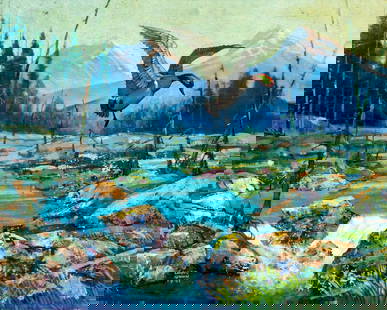 Davis Quinn (US,mid 20C) oil painting: ARTIST: Davis Quinn (American, mid 20 century) TITLE: Mountain Stream Landscape with Flying Duck YEAR: 1941 MEDIUM: oil on canvas board CONDITION: Minor