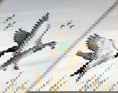 Lee Mauney (NC,20/21C) oil painting: ARTIST: Lee Mauney (North Carolina, 20/21 centuries) TITLE: Flying Ducks MEDIUM: oil on canvas CONDITION: Very good. No visible inpaint under UV light. Wear to frame.