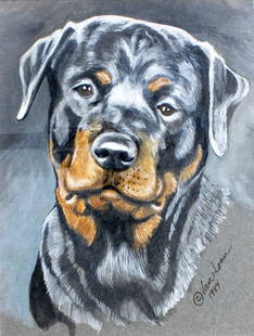 Martha Van Loan (NY,Oregon,NJ,1942-2025) gouache painting: ARTIST: Martha Van Loan (New York, Oregon, New Jersey, 1942 - 2025) TITLE: Rottweiler Dog YEAR: 1984 MEDIUM: gouache on heavy paper CONDITION: Very goo