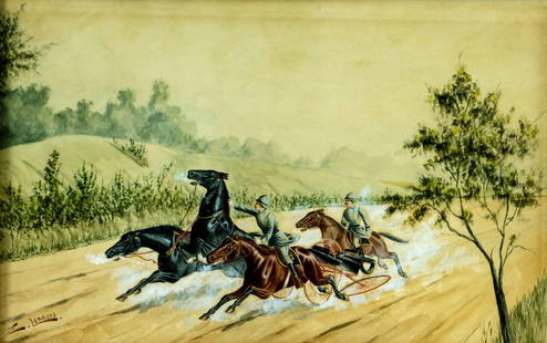 ATTR Emil Lenders (OK,German,1865-1934) watercolor painting antique: ARTIST: ATTRIBUTED TO Emil W Lenders (Oklahoma, Germany, 1865 - 1934) TITLE: The Runaways MEDIUM: watercolor on heavy paper CONDITION: Some age toning. Framed under glass