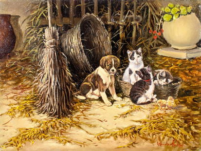 Alfredo Santini (Italy,1931-?) oil painting: ARTIST: Alfredo Santini (Italian, 1931 - ???) TITLE: Puppy and Kittens MEDIUM: oil on board CONDITION: Few minor scratches/paint losses. No visible inpaint under UV light.
