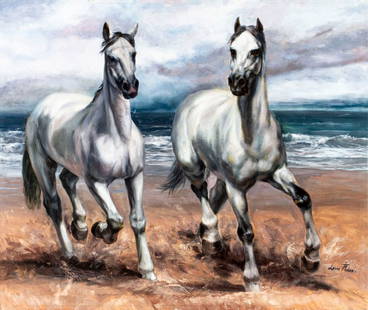 Leon Frias (Spain,1946-?) oil painting: ARTIST: Leon Frias (Spanish, 1946 - ???) TITLE: White Arabian Stallions on Beach MEDIUM: oil on canvas CONDITION: One small scratch. Some nail holes along edges. Few small