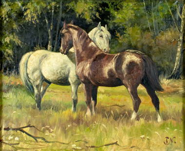 Vintage mid 20C Danish oil painting: ARTIST: - (Denmark, mid 20 century) TITLE: Two Horses MEDIUM: oil on canvas CONDITION: Few minor paint losses mostly by the lower edge. Minor craquelure. No visible inpain