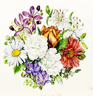 Elizabeth Riemer Gerhardt (German,1930-?) watercolor painting: ARTIST: Elizabeth Riemer Gerhardt (Germany, 1930 - ???) TITLE: Dutch Golden Wedding Anniversary Plate (titled on verso) YEAR: 1987 MEDIUM: watercolor on paper. Paper appli