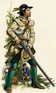 Gerry Embleton (UK,1941-?) watercolor painting: ARTIST: Gerry A Embleton (United Kingdom, 1941 - ???) TITLE: Soldier - American Frontier Rifleman MEDIUM: watercolor on board CONDITION: Minor damage to the upper left cor
