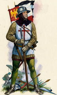 Gerry Embleton (UK,1941-?) watercolor painting: ARTIST: Gerry A Embleton (United Kingdom, 1941 - ???) TITLE: Soldier - English Longbowman MEDIUM: watercolor on board CONDITION: Some small damages to the left corners. Fe
