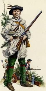 Gerry Embleton (UK,1941-?) watercolor painting: ARTIST: Gerry A Embleton (United Kingdom, 1941 - ???) TITLE: Soldier - Rifleman from American Revolutionary War period MEDIUM: watercolor on board CONDITION: Minor damage