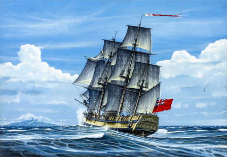 Richard Linton (Australia,1935-?) oil painting: ARTIST: Richard Linton (Australian, 1935 - ???) TITLE: Sail Ship Bounty YEAR: 1978 MEDIUM: oil on board CONDITION: Few minor scratches/paint losses. No