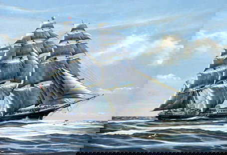 Richard Linton (Australia,1935-?) oil painting: ARTIST: Richard Linton (Australian, 1935 - ???) TITLE: Sail Ship Flying Cloud YEAR: 1978 MEDIUM: oil on board CONDITION: Few minor scratches/paint loss