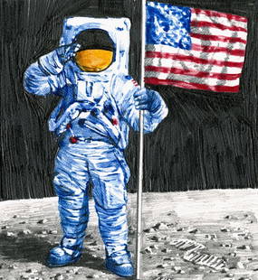 Paul Calle (CT,NY,1928-2010) colored pencil painting: ARTIST: Paul Calle (Connecticut, New York, 1928 - 2010) TITLE: 25th Anniversary of the Man on the Moon (titled on verso) YEAR: 1994 MEDIUM: colored pencil on board