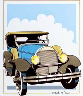 Stanley Paine (UK,1934-?) mixed media painting: ARTIST: Stanley M Paine (United Kingdom, 1934 - ???) TITLE: Classic Automobiles, 1928 Locomobile (titled on verso) YEAR: 1988 MEDIUM: mixed media on board CONDI
