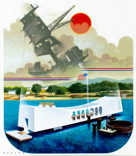 Howard Koslow (NJ,NY,1924-2016) oil painting: ARTIST: Howard Bertram Koslow (New Jersey, New York, 1924 - 2016) TITLE: USS Arizona Memorial (titled on verso) YEAR: 1986 MEDIUM: oil on board CONDITION: