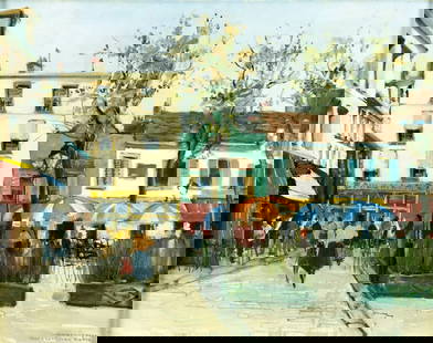 Jan den Hengst (Dutch,1904-1983) oil painting: ARTIST: Jan den Hengst (Netherlands, 1904 - 1983) TITLE: Place Du Tertre, Paris MEDIUM: oil on canvas CONDITION: Few small patches-repaired tears with corresponding paint