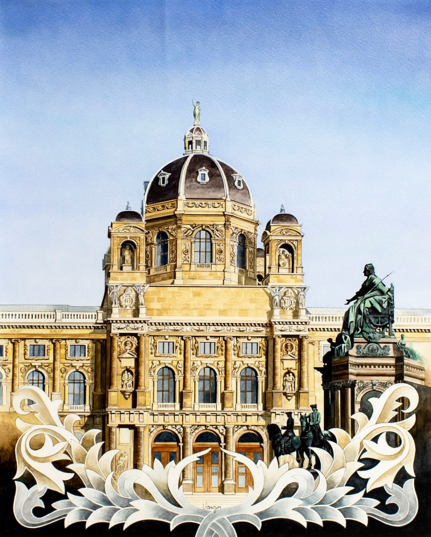 Pal Varga (Hungary,1937-?) watercolor painting: ARTIST: Pal Varga (Hungarian, 1937 - ???) TITLE: Kunsthistorisches Museum, Wien (titled on verso) YEAR: 2000 MEDIUM: watercolor on paper. Paper applied to board.