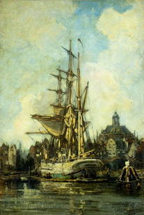 Hendrik Willebrord Jansen (Dutch,1855-1908) oil painting antique: ARTIST: Hendrik Willebrord Jansen (Netherlands, 1855 - 1908) TITLE: Harbor Scene MEDIUM: oil on canvas CONDITION: Some small scratches/paint losses mostly along edges. Som