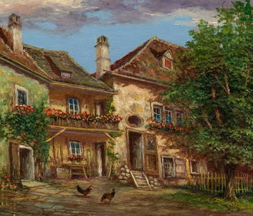 M Schony (German,1913-?) oil painting: ARTIST: M Schony (Germany, 1913 - ???) TITLE: Rothenburg Cityscape, Germany MEDIUM: oil on canvas CONDITION: Unstretched (In-House stretching available). Few minor paint l
