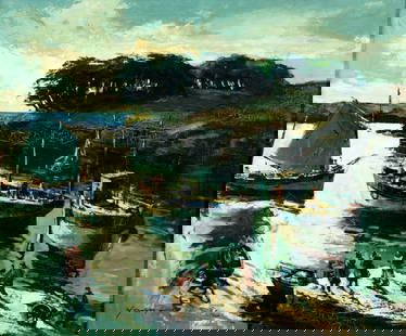 Yann Luc (France,20C) oil painting: ARTIST: Yann Luc (French, 20 century) TITLE: Harbor Scene MEDIUM: oil on canvas CONDITION: Few minor paint losses. Minor craquelure. No visible inpaint under UV light. Wear