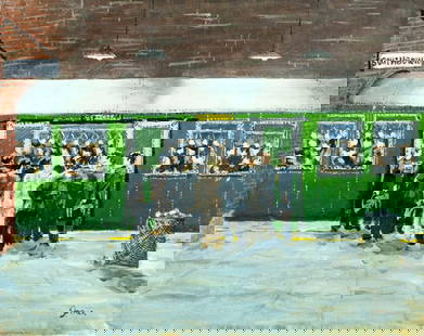 Vintage 20C American oil painting signed: ARTIST: - (American, 20 century) TITLE: New York Subway Scene MEDIUM: oil on canvas CONDITION: One pinhole puncture in the lower right quadrant. Few small scratches/paint