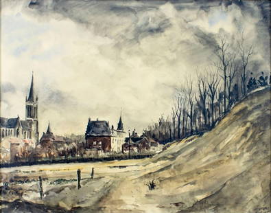 Leopold Levy (Israel,France,1882-1966) watercolor painting: ARTIST: Leopold Levy (Israeli, French, 1882 - 1966) TITLE: Cityscape YEAR: 1945 MEDIUM: watercolor on paper CONDITION: Some age toning. Framed under gl