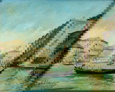 G C Chiabert (Europe,mid 20C) oil painting: ARTIST: G C Chiabert (European, mid 20 century) TITLE: Grand Canal Cityscape, Venice, Italy MEDIUM: oil on canvas CONDITION: Two patches. Few small scratches/paint losses. N