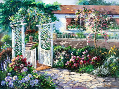 Robert Lui (Vietnam,NY,b 1951) oil painting: ARTIST: Robert Lui (Vietnamese, New York, born 1951) TITLE: Flower Garden Landscape MEDIUM: oil on canvas CONDITION: Unstretched (In-House stretching available). Missing a f