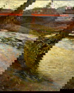 J Dunbar Wright (NY,CA,NJ,1862-1917) oil painting antique: ARTIST: J Dunbar Wright (New York, California, New Jersey, 1862 - 1917) TITLE: Bridge Across the Wabash, IN MEDIUM: oil on canvas CONDITION: Relined. Restretched. Few mino