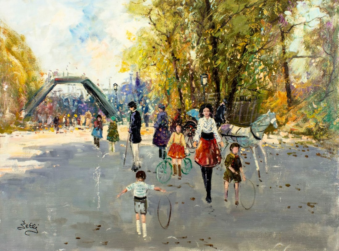 Belli (Europe,20C) oil painting: ARTIST: Belli (European, 20 century) TITLE: Park Scene MEDIUM: oil on canvas CONDITION: Unstretched (In-House stretching available). Some scratches/paint losses. Minor craqu