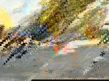 Belli (Europe,20C) oil painting: ARTIST: Belli (European, 20 century) TITLE: Park Scene MEDIUM: oil on canvas CONDITION: Unstretched (In-House stretching available). Some scratches/paint losses. Minor craqu