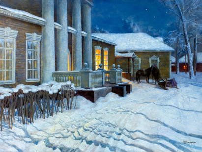 Boris Vedernikov (Russia,b 1967) oil painting: ARTIST: Boris Alexandrovich Vedernikov (Russian, born 1967) TITLE: Winter Night (titled on verso) MEDIUM: oil on canvas CONDITION: Few small paint losses. Some craquelure. N