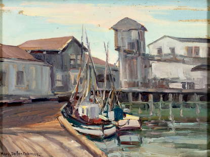 Mary Darter Coleman (TX,CA,1893-1956) oil painting: ARTIST: Mary Suehanna Darter Coleman (Texas, California, 1893 - 1956) TITLE: Harbor Scene MEDIUM: oil on canvas board CONDITION: Some small paint losses. No visible inpai