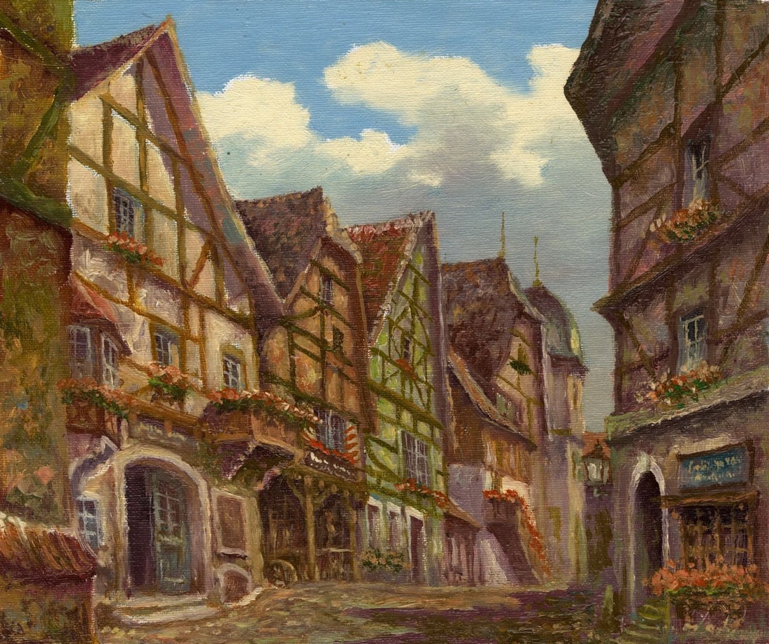M Schony (German,1913-?) oil painting: ARTIST: M Schony (Germany, 1913 - ???) TITLE: European Street Scene MEDIUM: oil on canvas CONDITION: Unstretched (In-House stretching available). Few minor paint losses. N