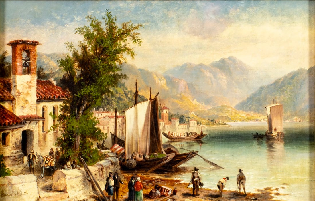 Granville Perkins (NY,MD,1830-1895) oil painting antique: ARTIST: Granville Perkins (New York, Maryland, 1830 - 1895) TITLE: Coastal Cityscape with Sailboats MEDIUM: oil on canvas CONDITION: Few small paint losses. Minor craquelu